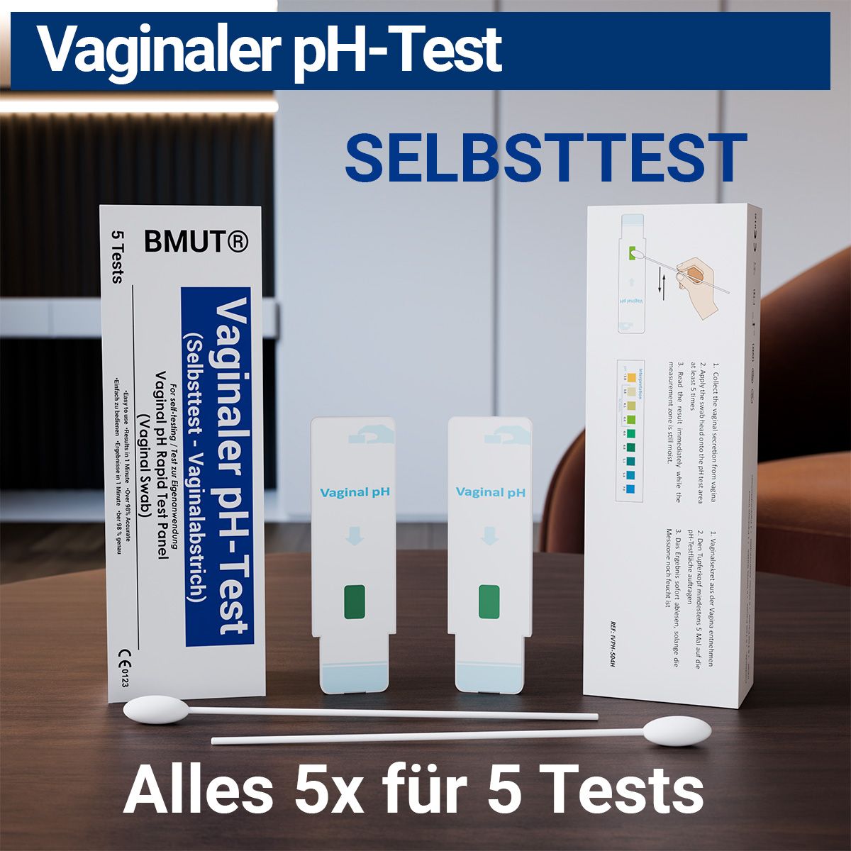 Vaginaler pH-Test Selbsttest-Kit mit 5 Tests, inklusive Wattestäbchen und Farbskala.