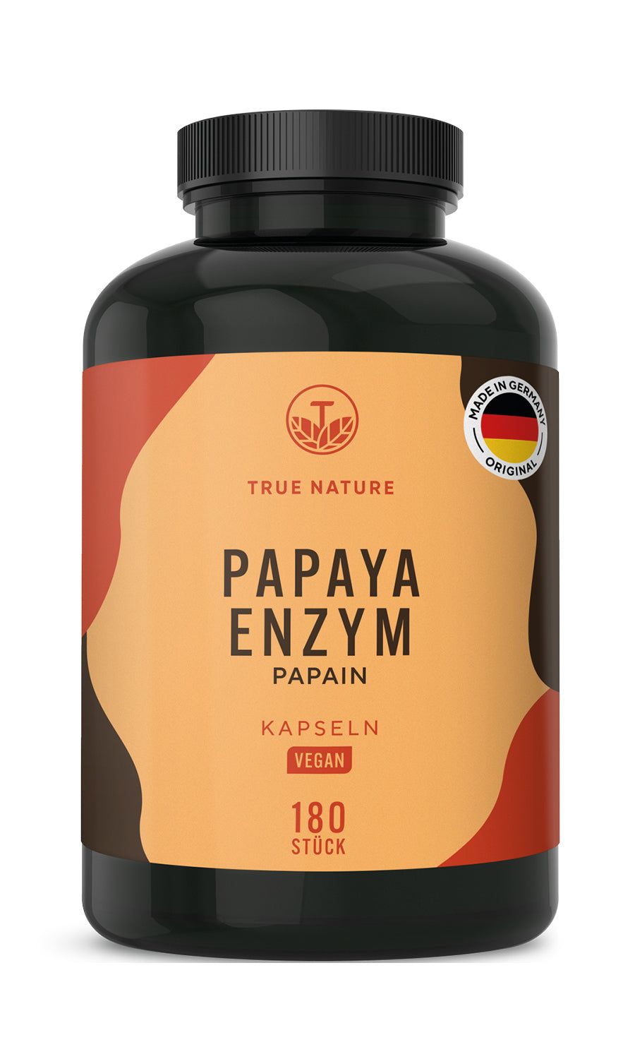 Braune Flasche mit Papaya Enzym Kapseln. Aufschrift: TRUE NATURE, PAPAYA ENZYM, PAPAIN, KAPSELN, VEGAN, 180 STÜCK. Made in Germany.