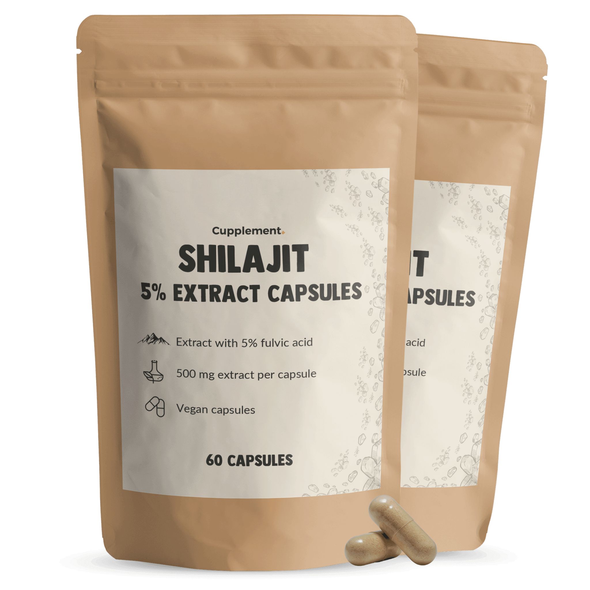 Zwei Beutel mit Shilajit-Extrakt-Kapseln. Aufschrift: 5% Extrakt, 60 Kapseln. Braune Kapseln liegen daneben.