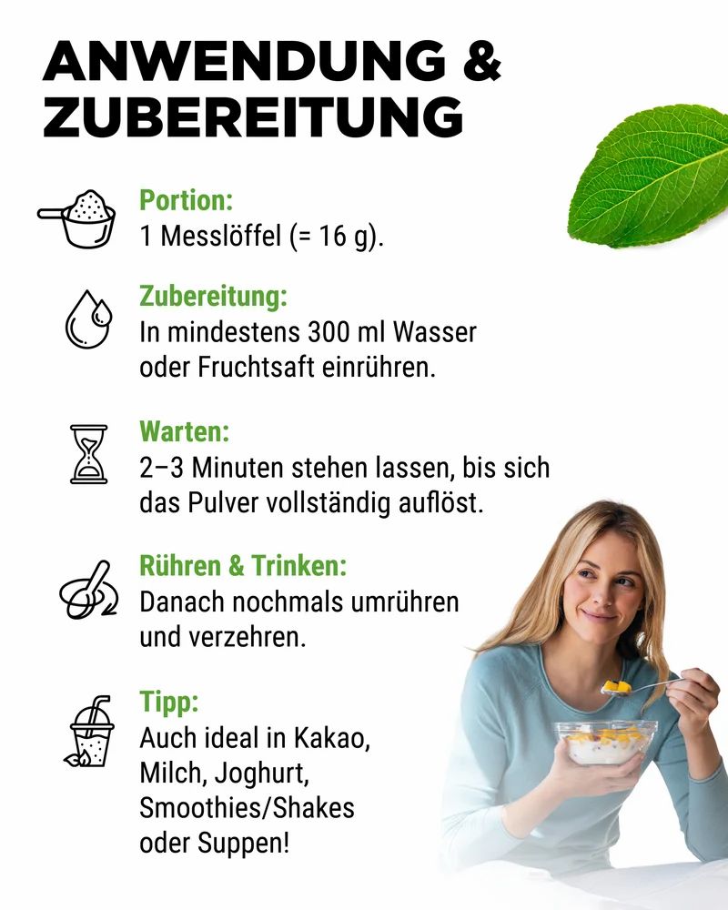 Vit4ever Collagen Pulver Zubereitungshinweise mit Löffel und Schale.