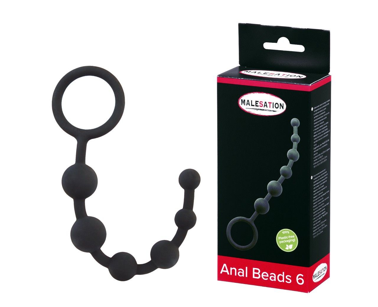 Schwarze Anal Beads mit sechs Kugeln und zwei Ringen, neben der Verpackung.