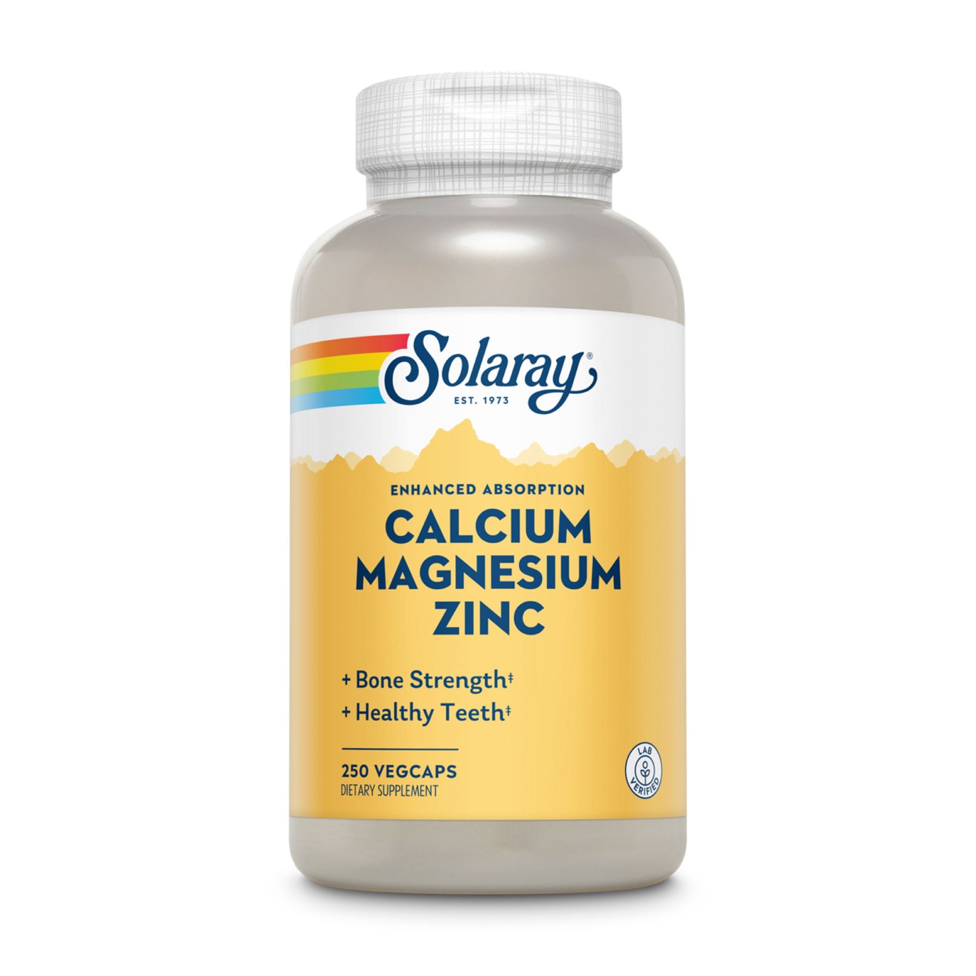 Solaray Calcium, Magnesium, Zink-Dose. Weißer Deckel, gelbes Etikett. Text: Enhanced Absorption, Knochenstärke, gesunde Zähne, 250 Vegicaps.