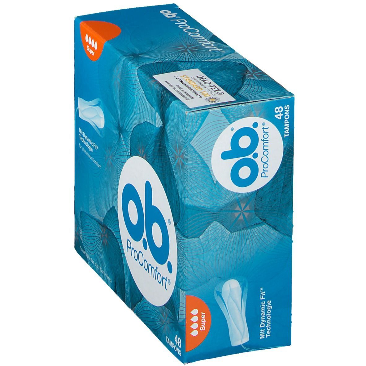 o.b.® ProComfort Super Tampons. Blaue Verpackung, schräg. 48 Tampons. Oeko-Tex Siegel. Produktabbildung und Text.