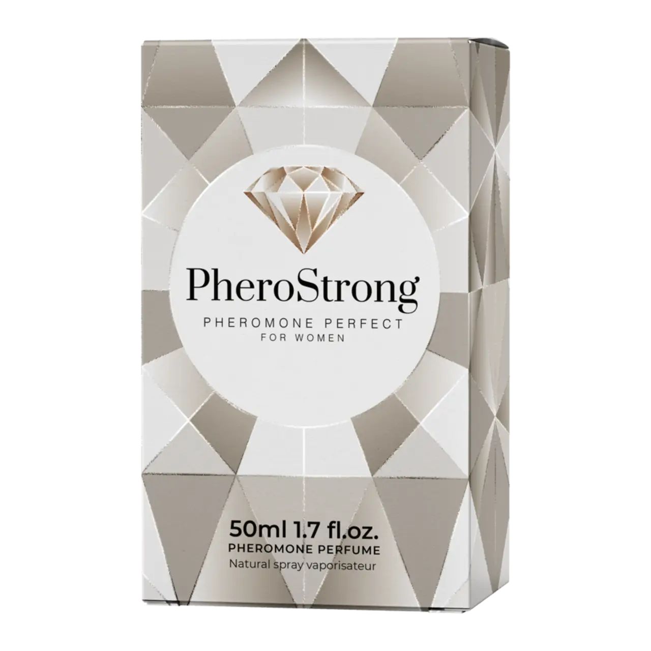 Verpackung für PheroStrong. Aufschrift PheroStrong, Pheromone Perfect für Frauen. 50ml, 1.7 fl.oz.
