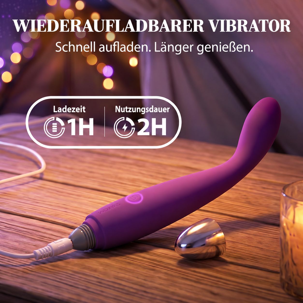 Lila Vibrator mit USB-Ladekabel. Ladezeit 1 Stunde, Nutzungsdauer 2 Stunden.