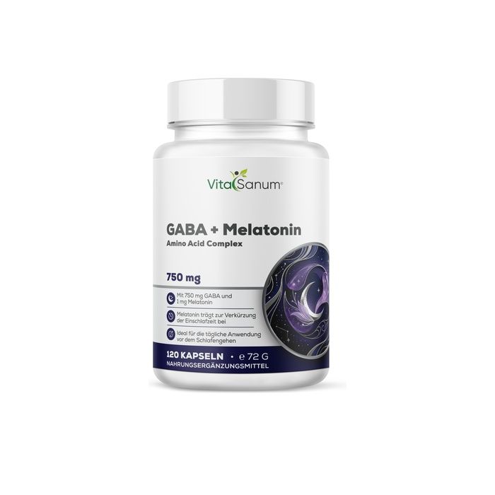 VitaSanum GABA + Melatonin Kapseln: 120 Stück in weißem Behälter mit Schlaf-Motiv.