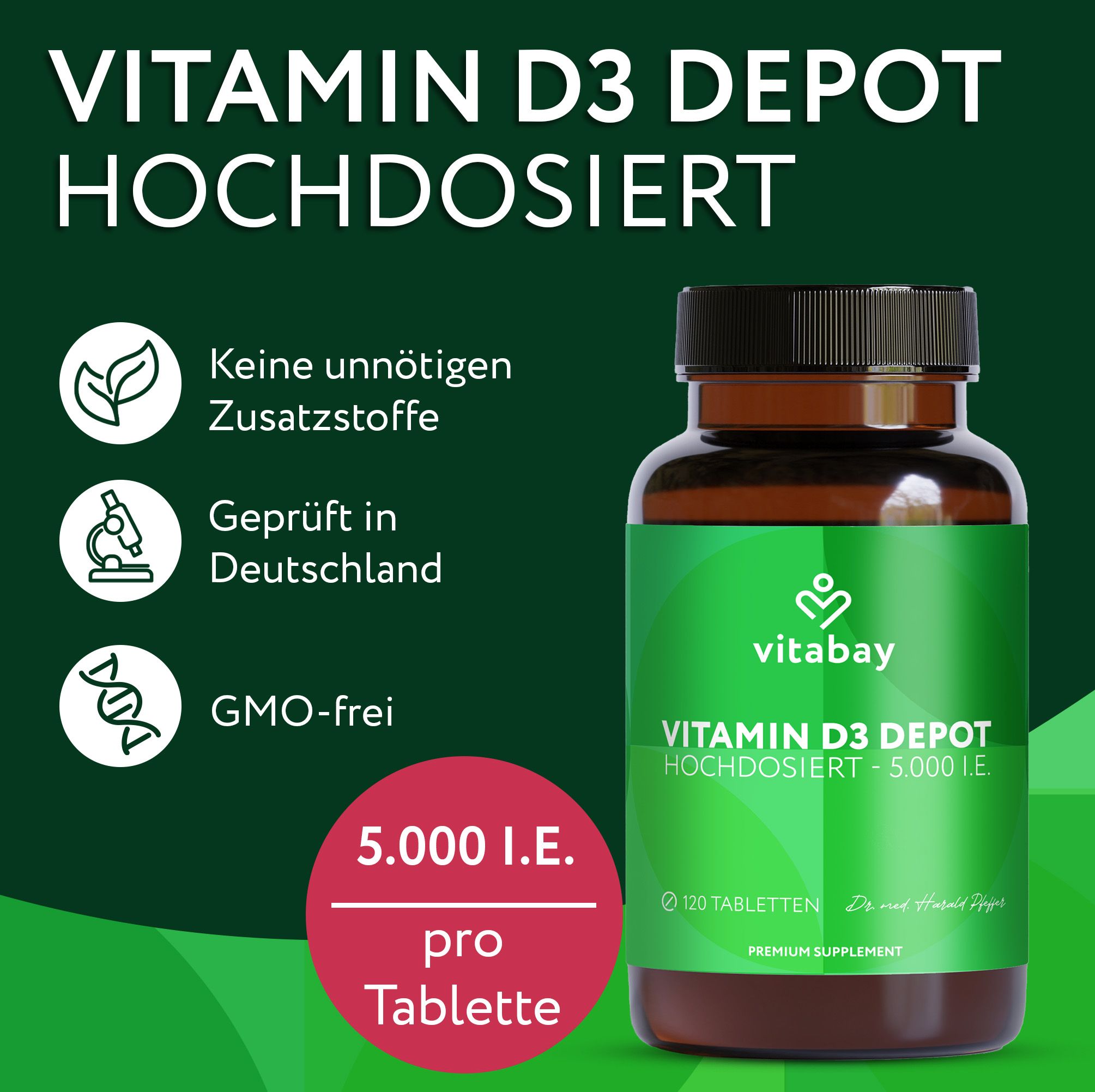 Vitabay Vitamin D3 Depot Hochdosiert Flasche. Ohne Zusatzstoffe, geprüft in Deutschland, GMO-frei.