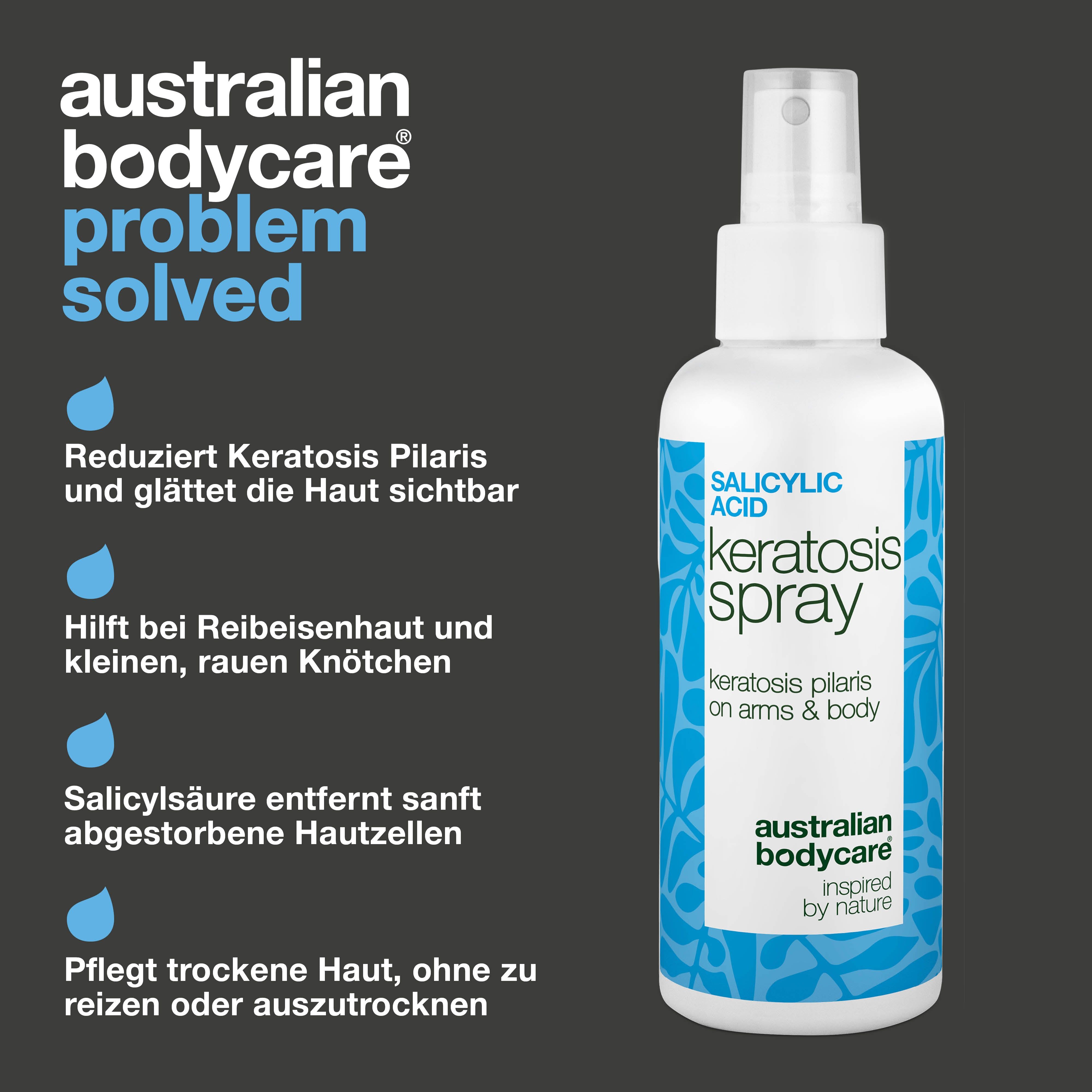 Spray: Keratosis Spray, Australian Bodycare. Text: Problem solved. Reduziert Keratosis Pilaris.