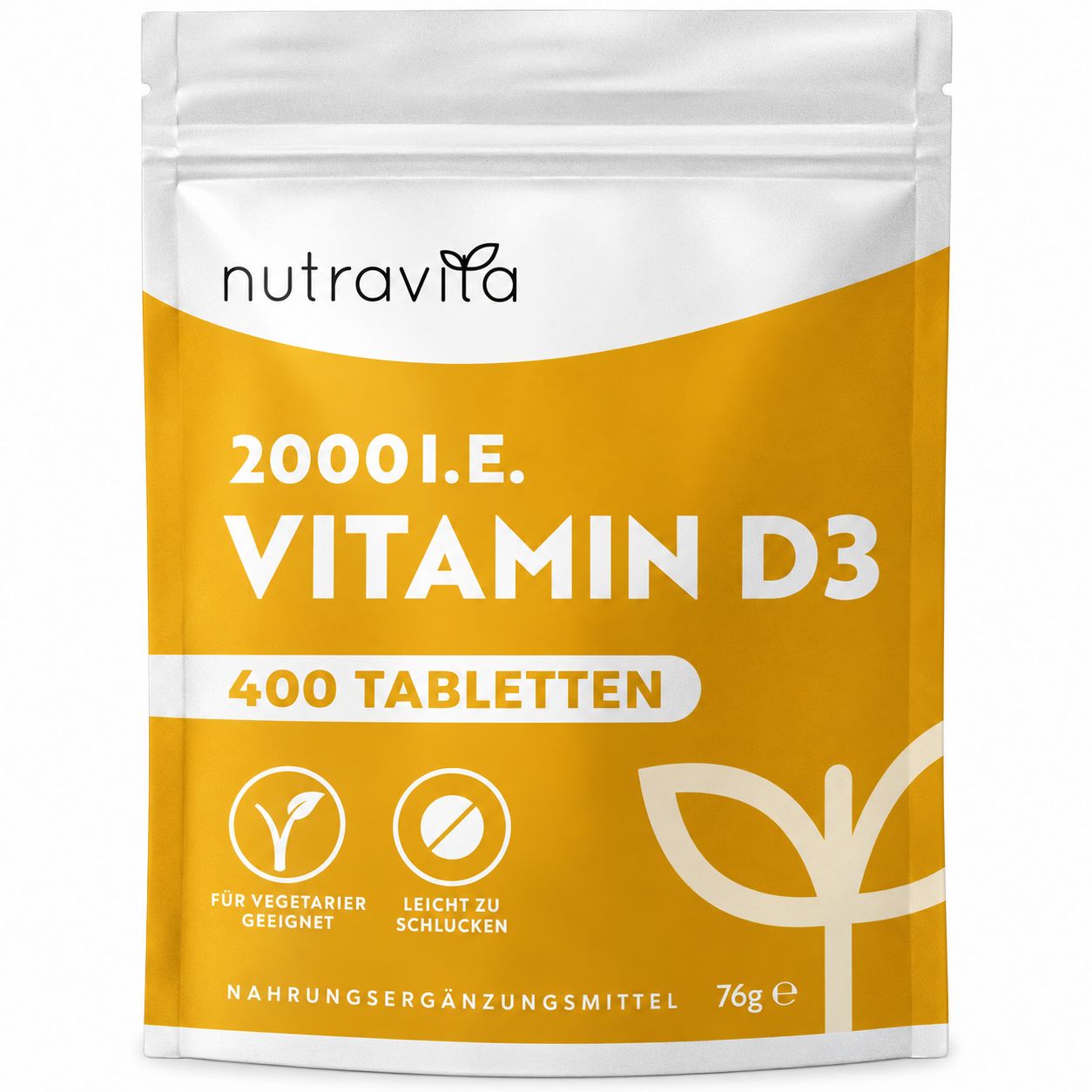 Packung Nutravita Vitamin D3 2000 I.E. mit 400 Tabletten.