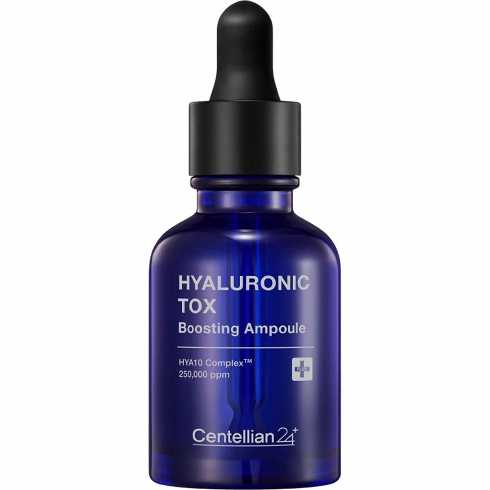 Blaue Glasflasche mit schwarzem Deckel und Pipette. Aufschrift: HYALURONIC TOX Boosting Ampoule. Marke: Centellian 24.