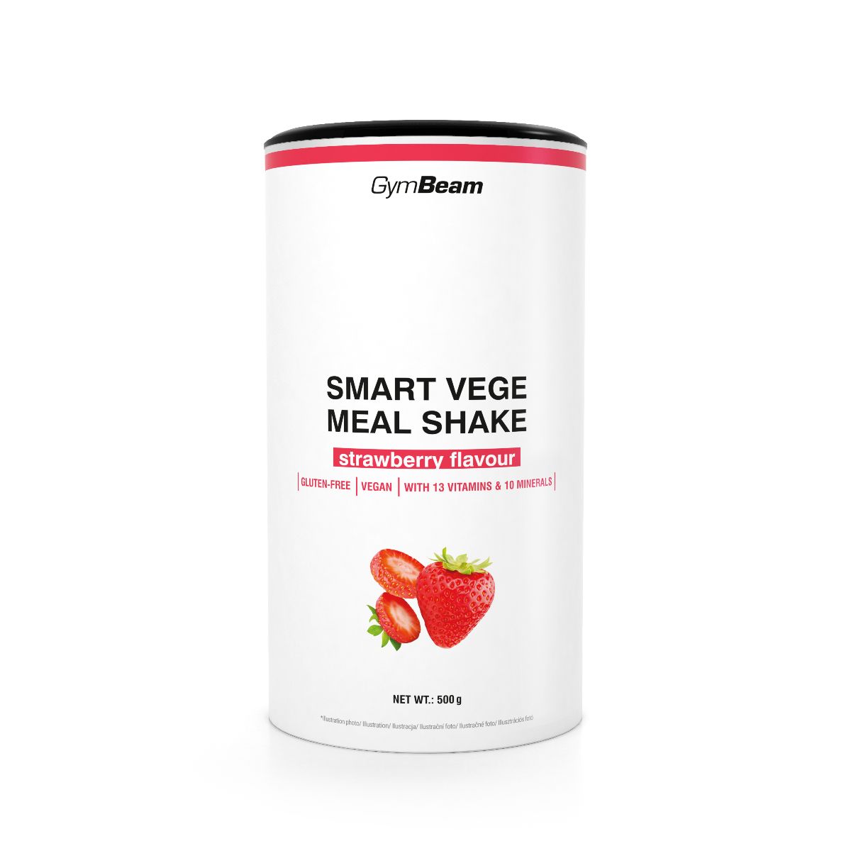 GymBeam Smart Vege Meal Shake Erdbeergeschmack Pulver in weißer Dose mit Erdbeeren.