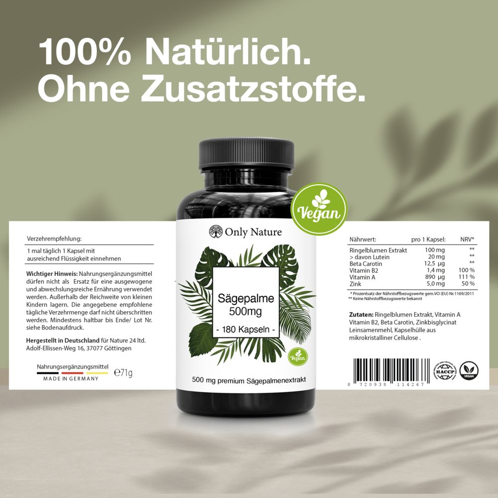 Flasche mit Etikett: Sägepalme 500 mg, 180 Kapseln. Vegan-Siegel. Text: 100% natürlich. Ohne Zusatzstoffe. Nur Nature Logo.