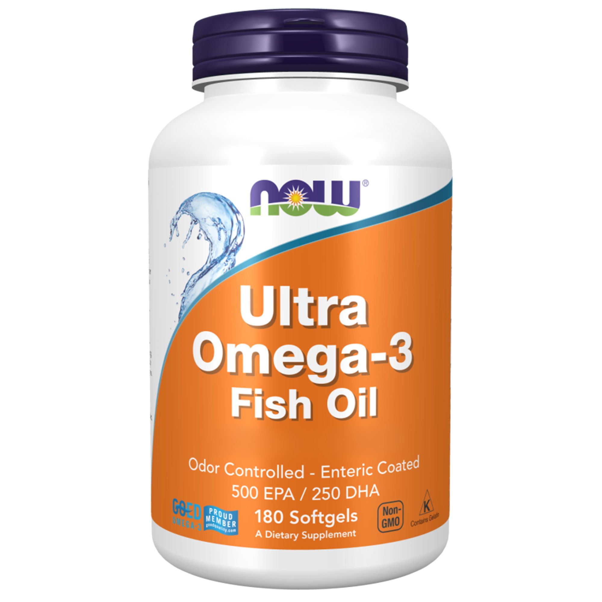 Weiße Flasche mit blauem Deckel. Aufschrift: Ultra Omega-3 Fish Oil, 500 EPA/250 DHA. 180 Softgels. Marke: Now Foods.