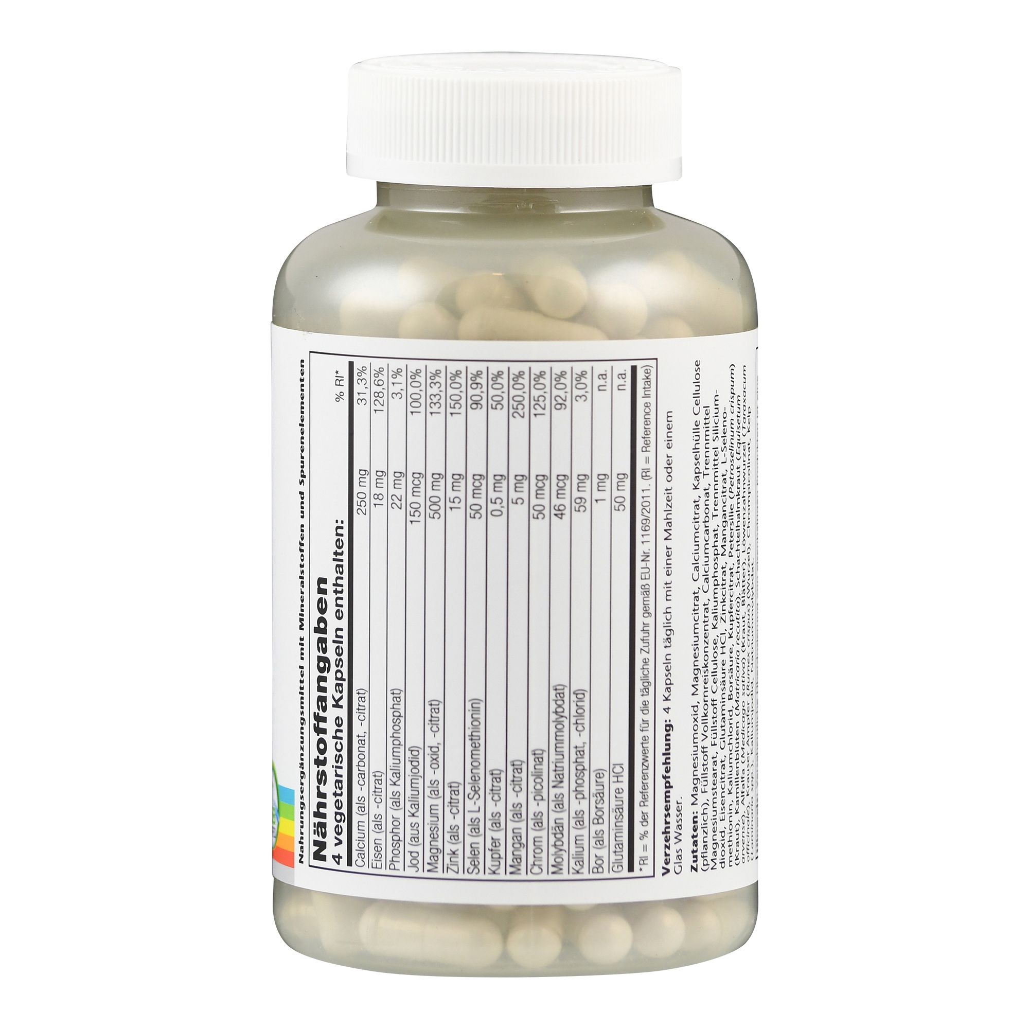 Rückseite einer weißen Flasche mit Kapseln. Enthält Nährstoffangaben und Inhaltsstoffe. 4 vegetarische Kapseln.