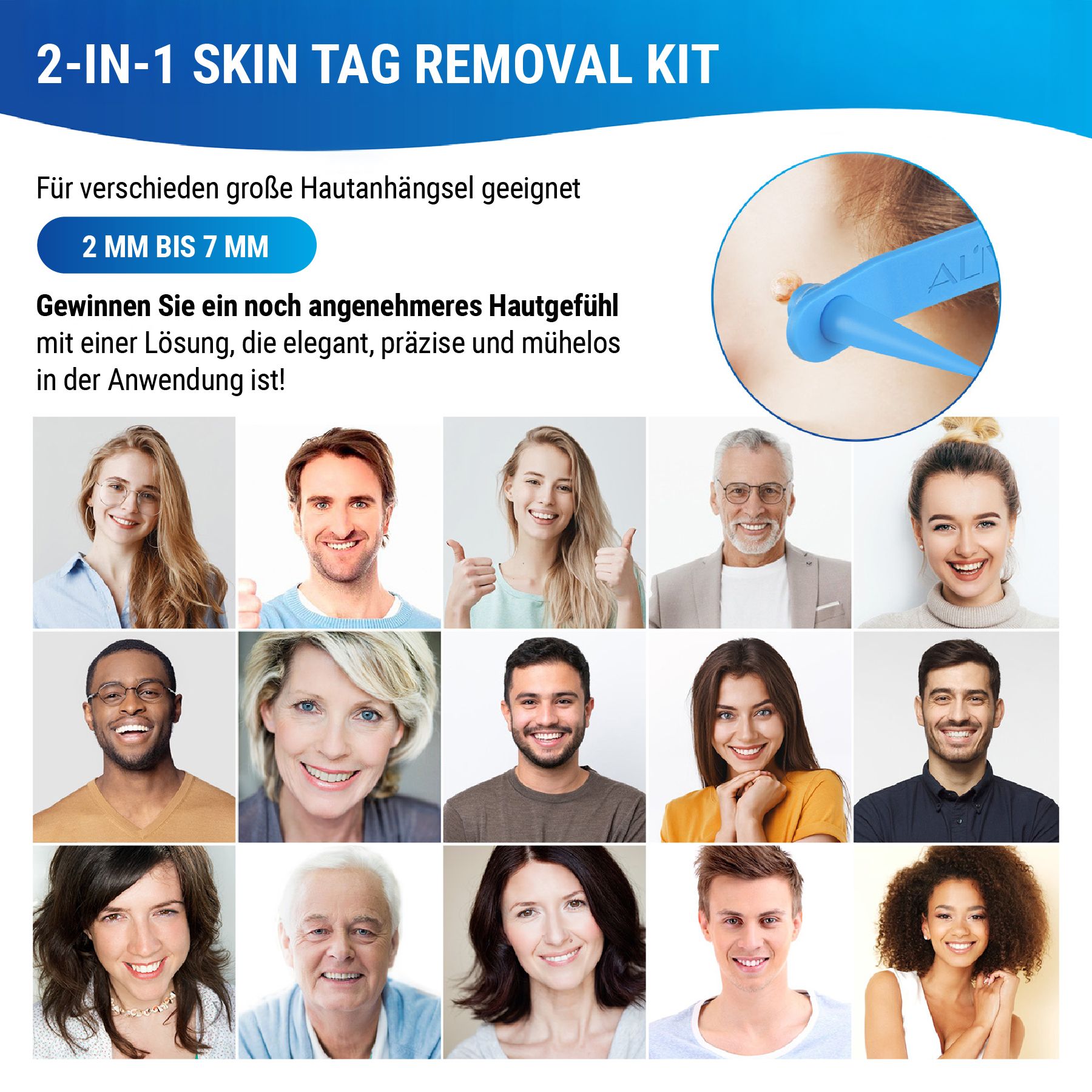 Produktabbildung mit Gesichtern. Text: 2-IN-1 SKIN TAG REMOVAL KIT, 2 MM BIS 7 MM. Abbildung eines Applikators.