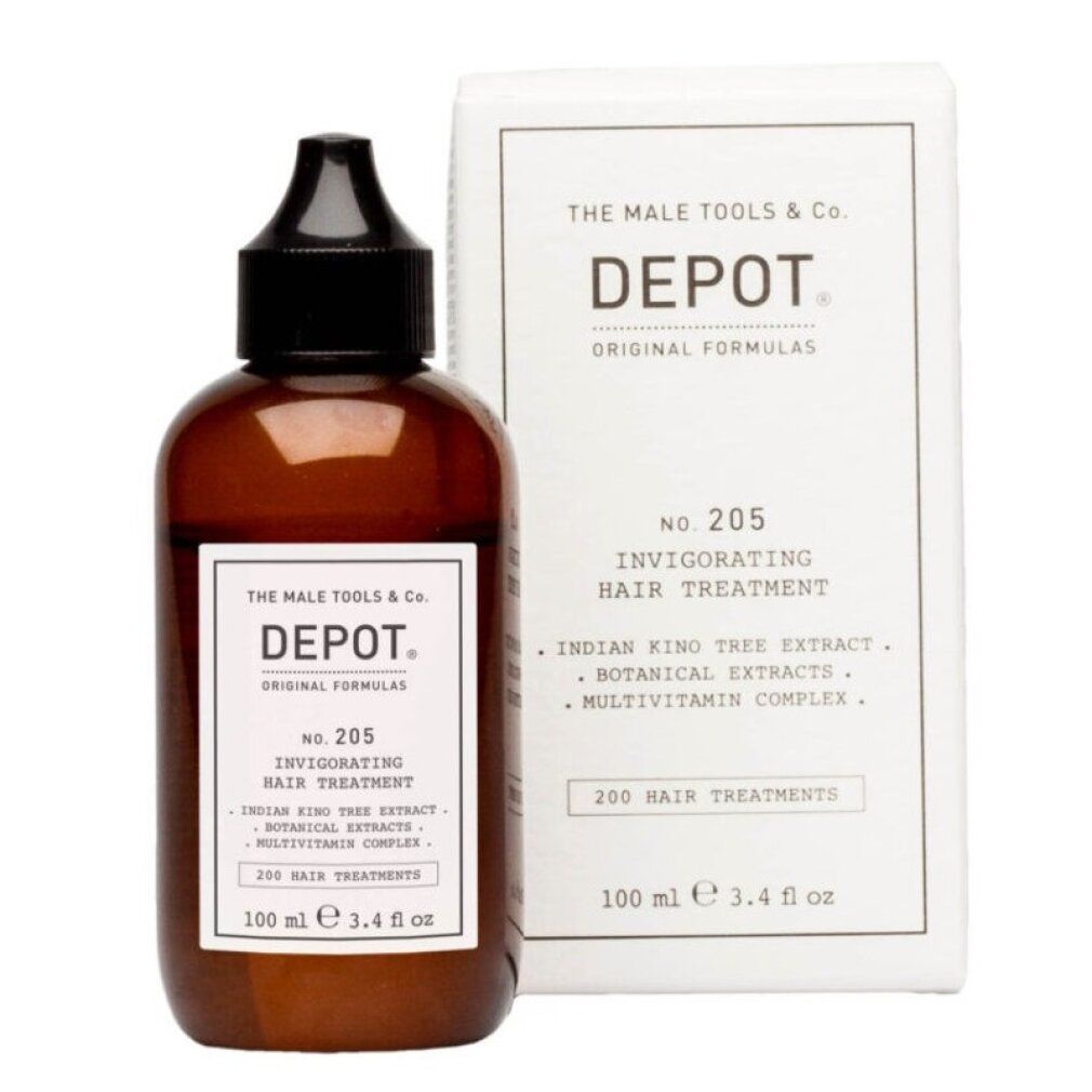 Braune Flasche und Karton. Aufschrift: DEPOT No. 205 Invigorating Hair Treatment. Enthält indischen Kino-Baum-Extrakt, botanische Extrakte und Multivitamin-Komplex.