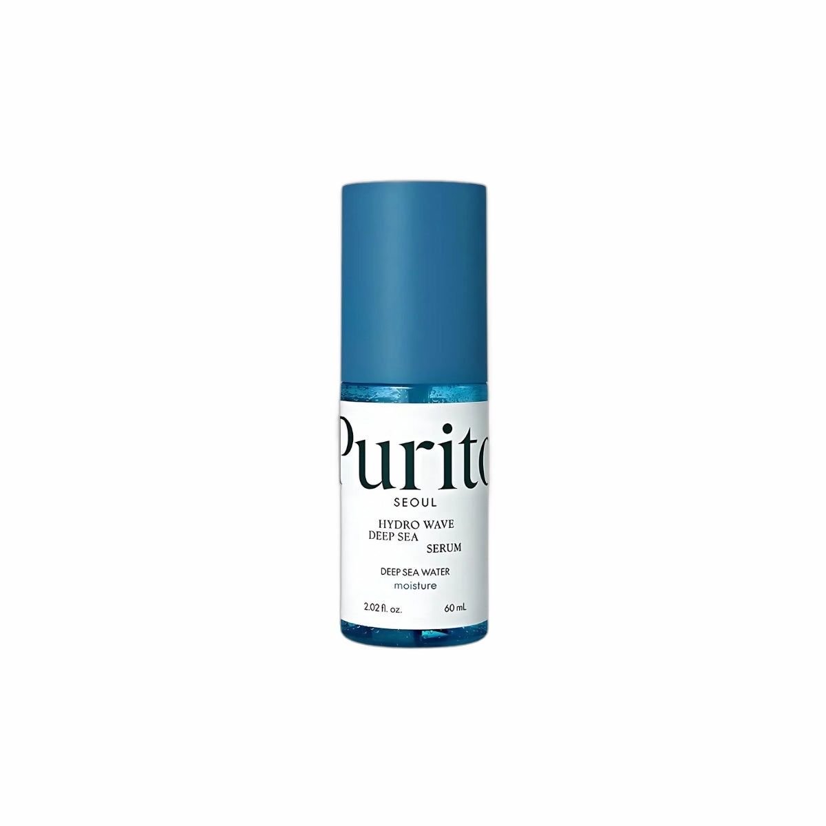 Blau-weiße Flasche mit blauem Deckel. Aufschrift: PURITO, Hydro Wave Deep Sea Serum. 60 ml.