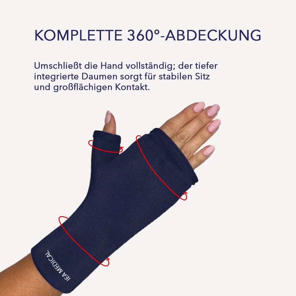 Dunkelblauer Kühlhandschuh mit IEA MEDICAL Logo, 360° Abdeckung.