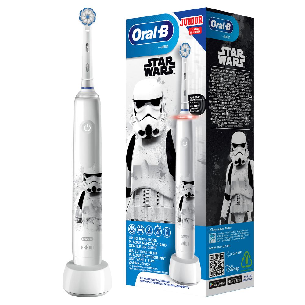 Elektrische Zahnbürste mit Star Wars-Design und Ladestation. Verpackung mit Logo und Stormtrooper-Illustration.