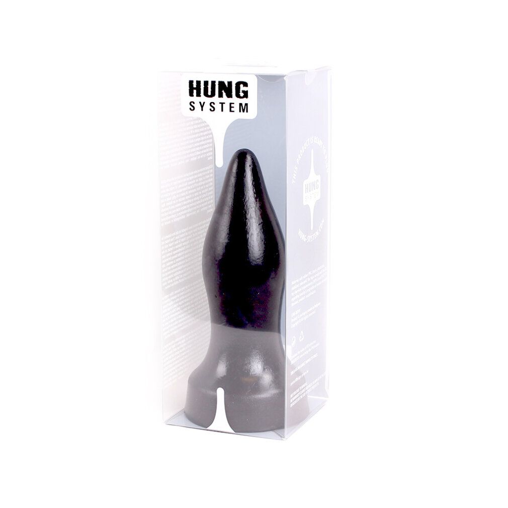 Schwarzer Analplug in transparenter Verpackung. Aufdruck: HUNG SYSTEM. Konische Form.