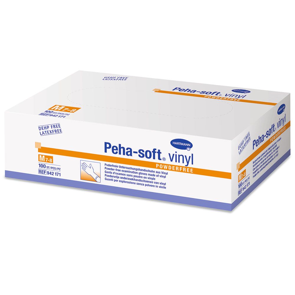 Peha-soft vinyl Einmalhandschuhe, puderfrei, Größe M, 100 Stück.