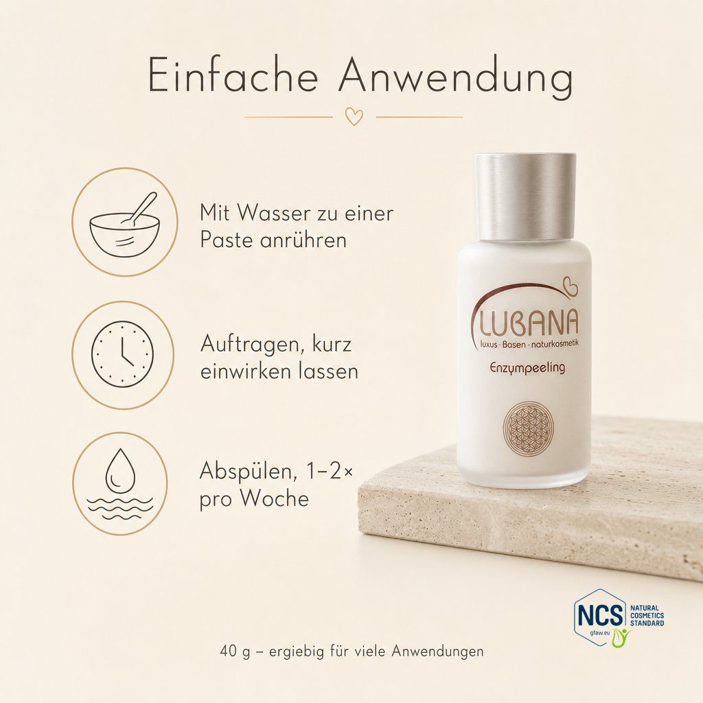 Flasche Lubana Enzympeeling neben einem Steinblock, mit Anwendungssymbolen.