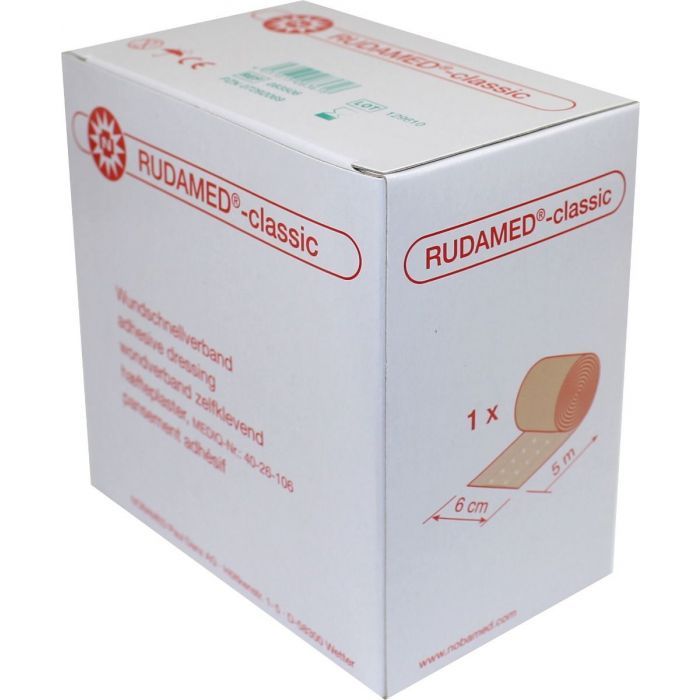 Verpackung von Rudamed-classic Wundpflaster. Aufschrift: Wundschnellverband, 6 cm x 5 m. Produktabbildung.