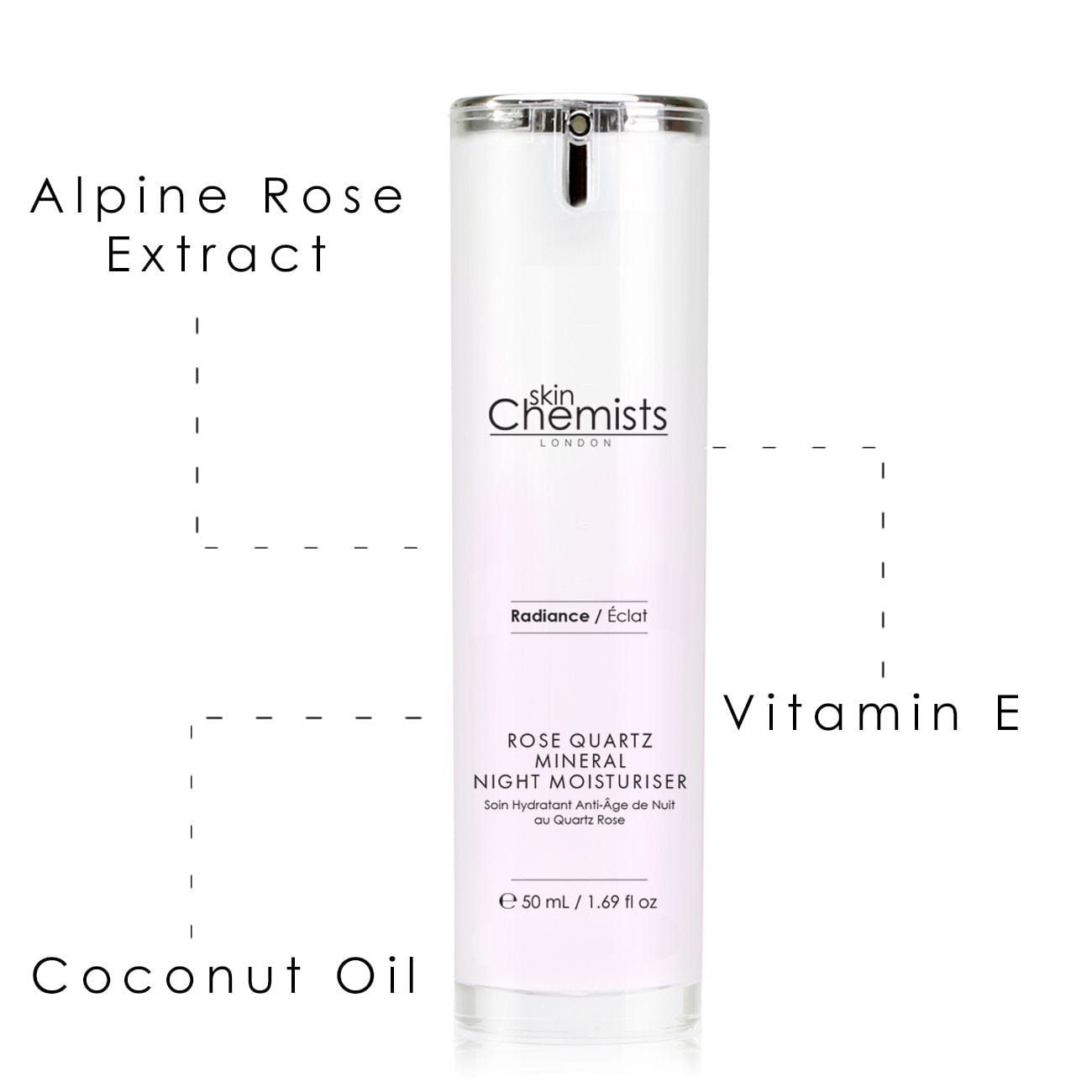 Weiße Flasche mit silbernem Deckel. Aufschrift: skinChemists London, Rose Quartz Mineral Night Moisturiser. Zutaten: Alpine Rose Extract, Vitamin E, Coconut Oil.