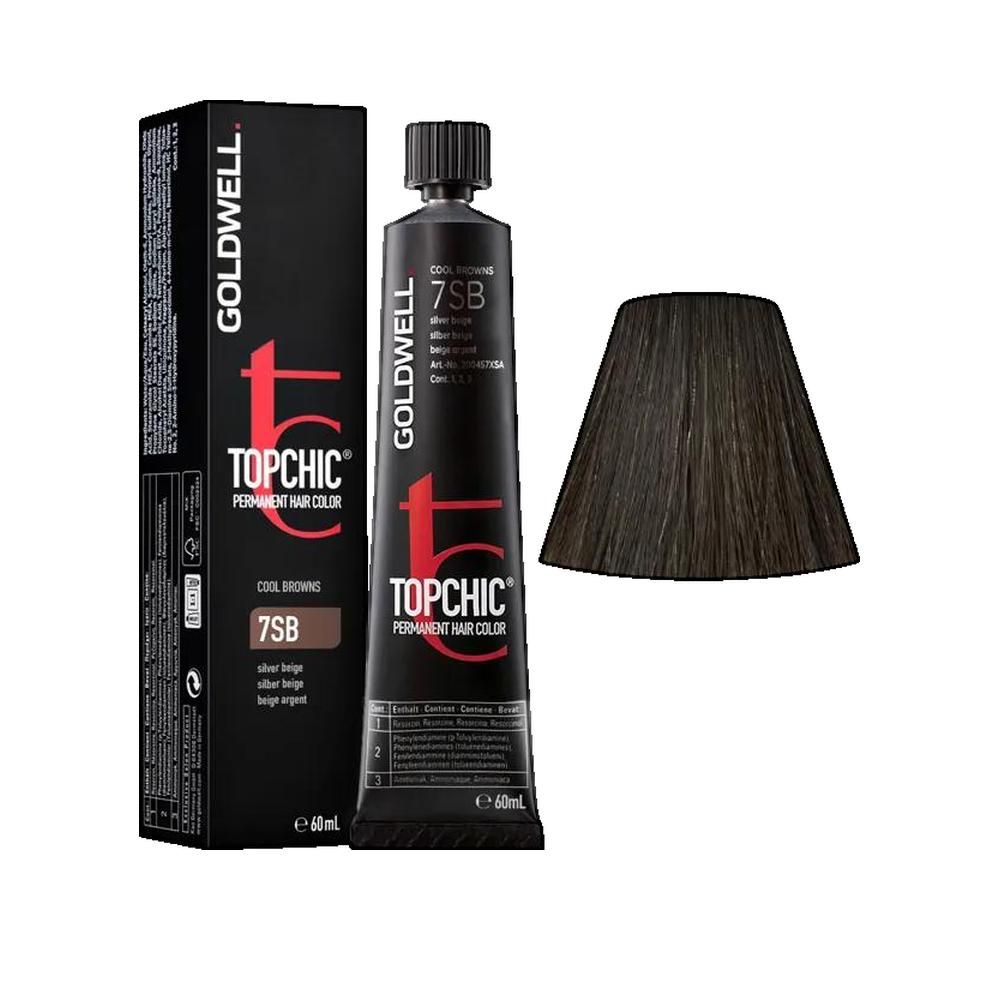 Goldwell Topchic Haarfarbe, Tube und Verpackung. Farbton 7SB. Farbmuster in Dreiecksform.