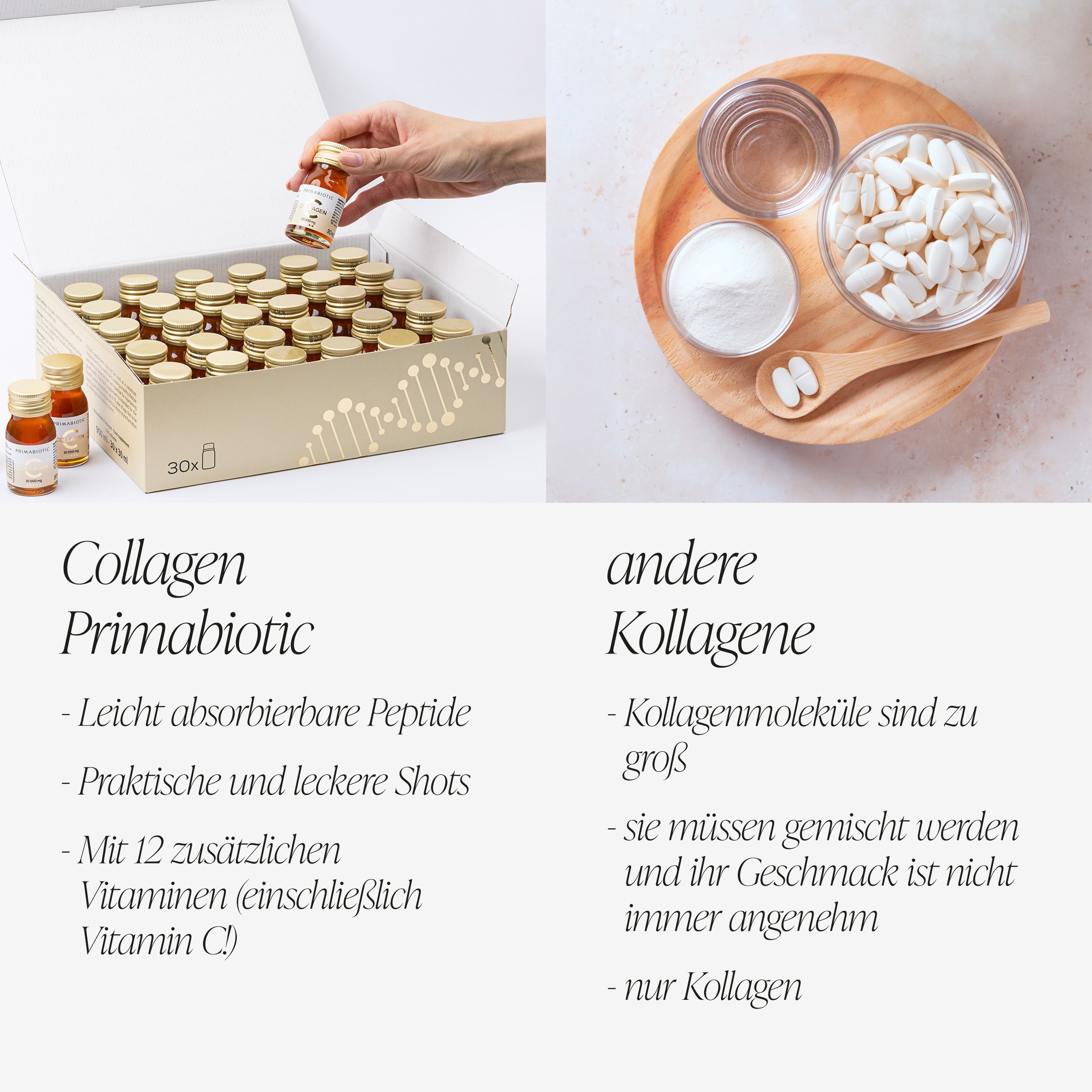 Vergleich Primabiotic Collagen mit anderen Kollagenen. Vorteile: leicht absorbierbare Peptide, praktische Shots, mit 12 Vitaminen. Nachteile: zu groß.