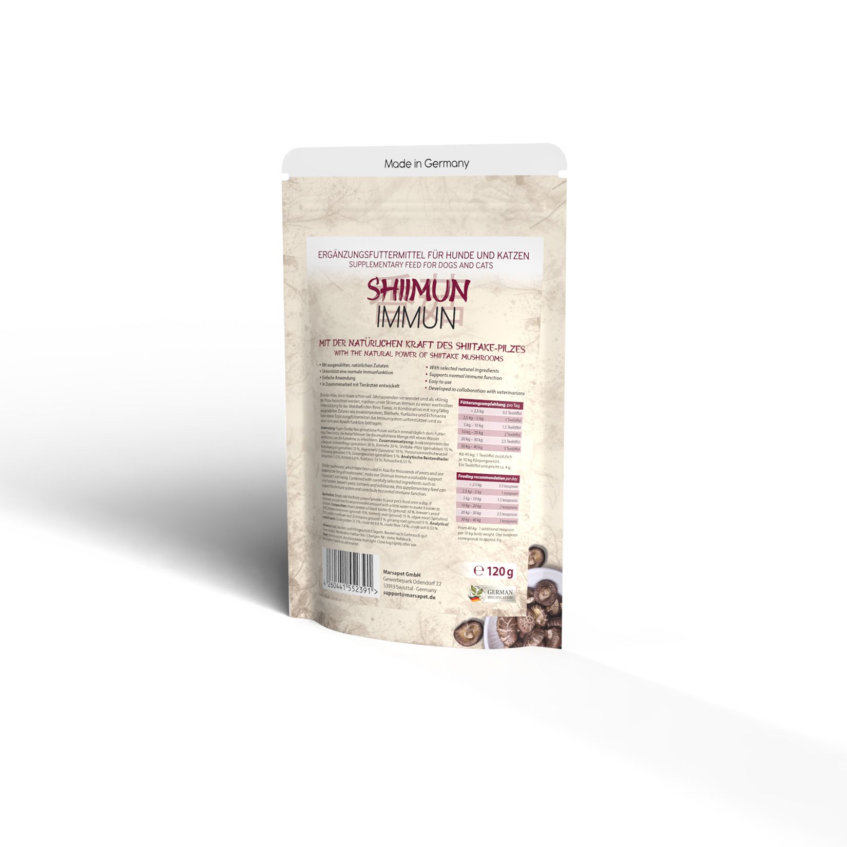 Rückseite eines Beutels Shiimun Immun Pulver. Text und Logo. Informationen zu Inhaltsstoffen und Gewicht.