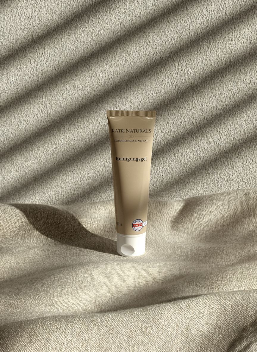 Beigefarbene Tube mit weißem Verschluss. Aufschrift: KatriNaturals, Reinigungsgel. Liegt auf hellem Stoff.