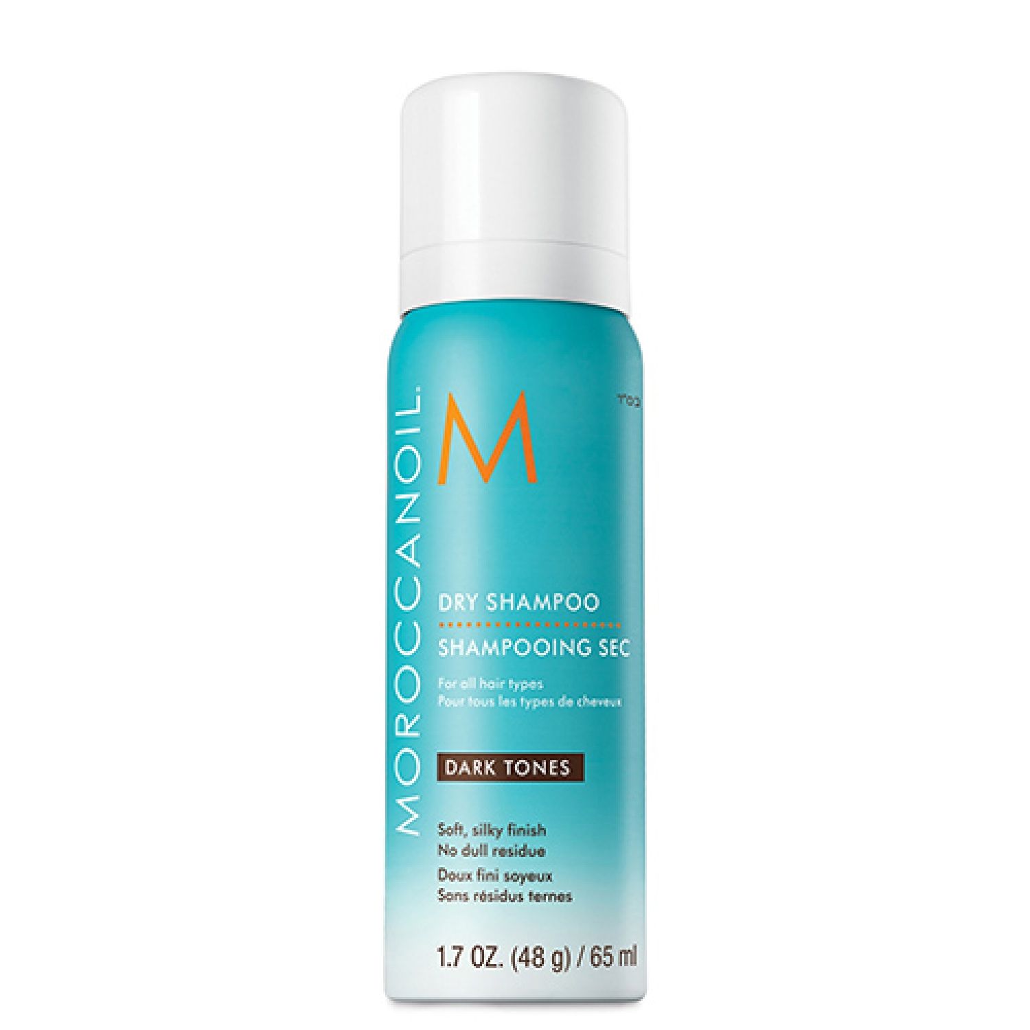 Türkisfarbene Sprühflasche mit weißem Deckel. Aufschrift: Dry Shampoo, Dark Tones. Marke: Moroccanoil. Inhalt: 1.7 oz (48 g) / 65 ml.