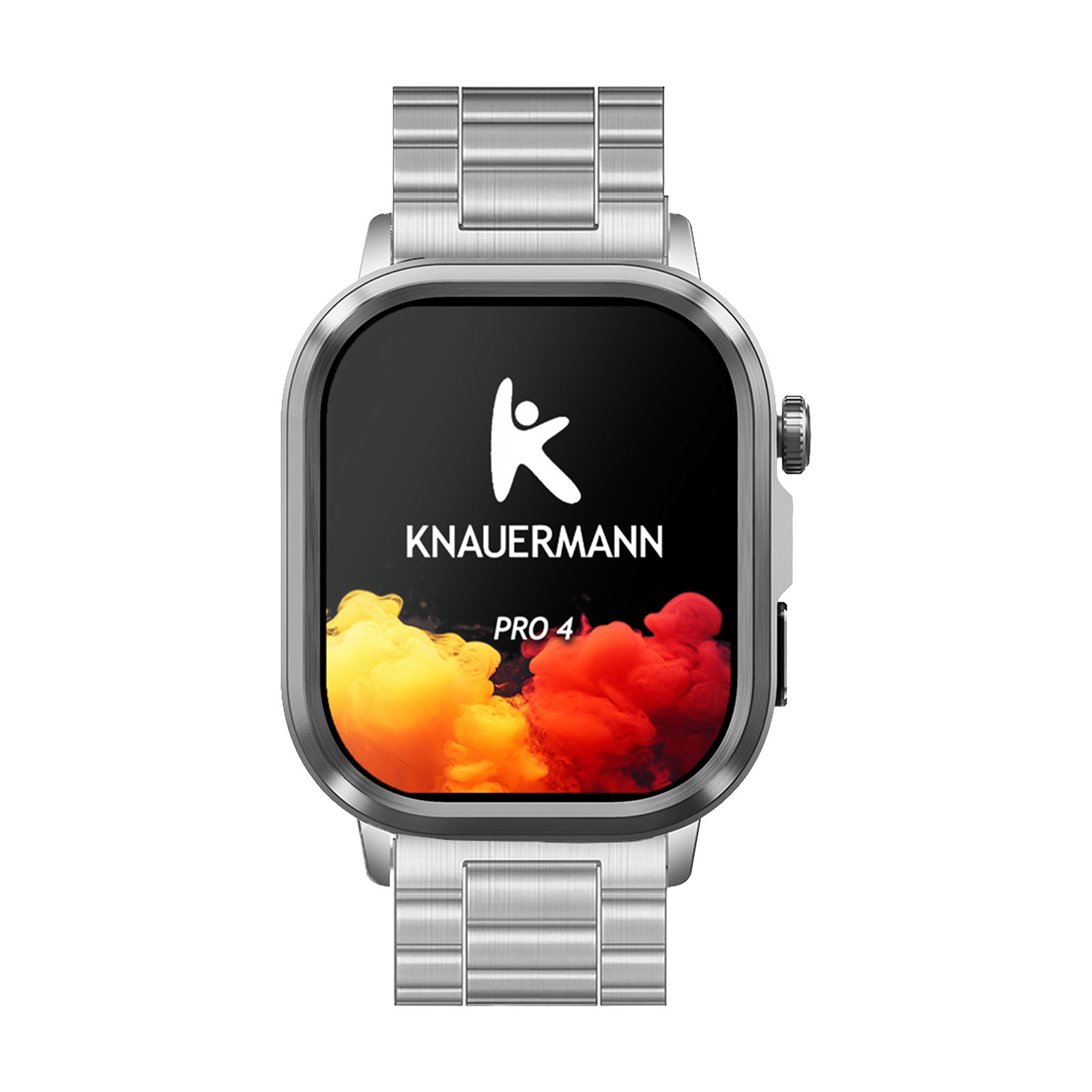 Silberne Smartwatch mit silbernem Metallarmband und quadratischem Display, das das Knauermann-Logo und "PRO 4" zeigt.