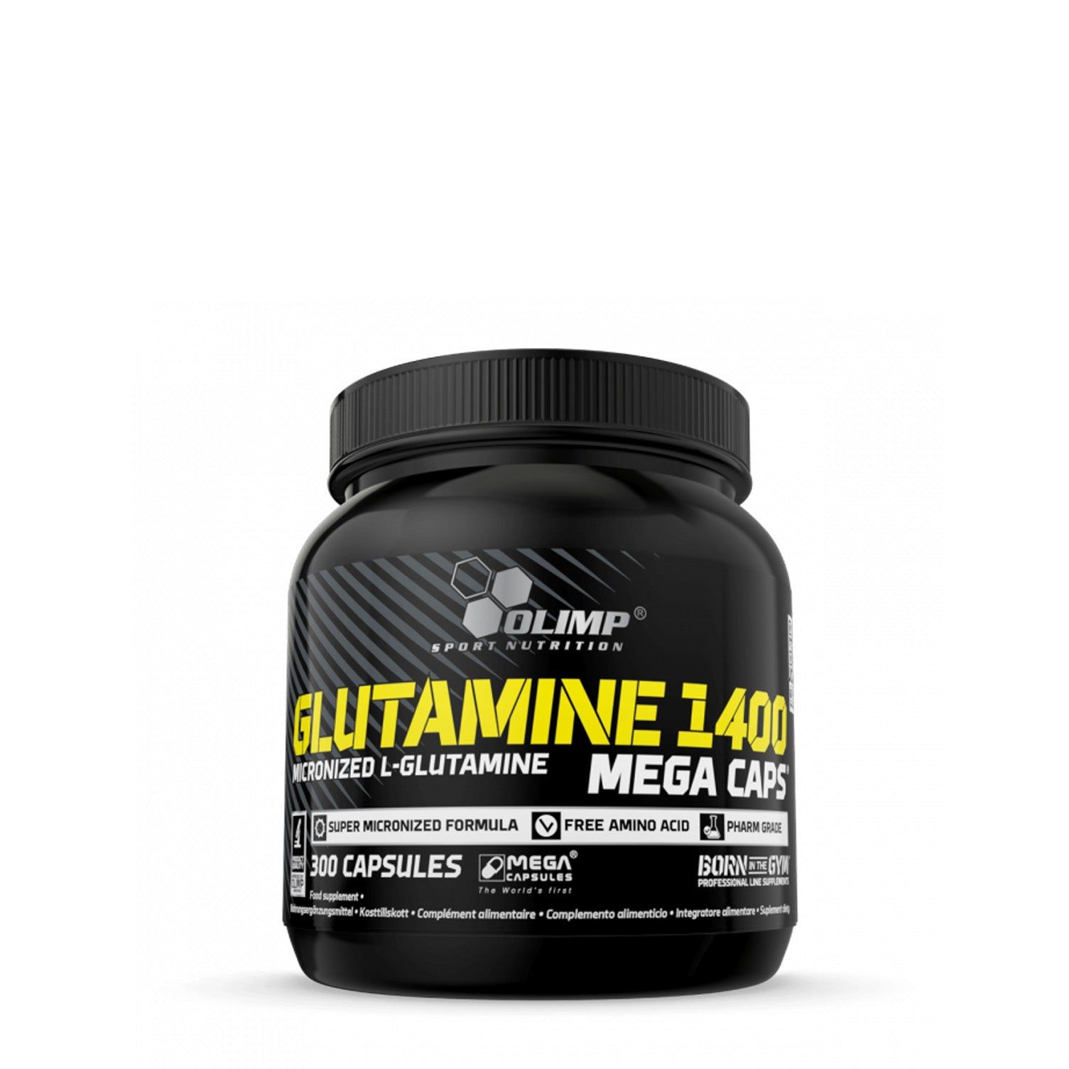 Olimp L-Glutamine Mega Caps: Schwarzer Behälter mit gelbem Etikett, 300 Kapseln.