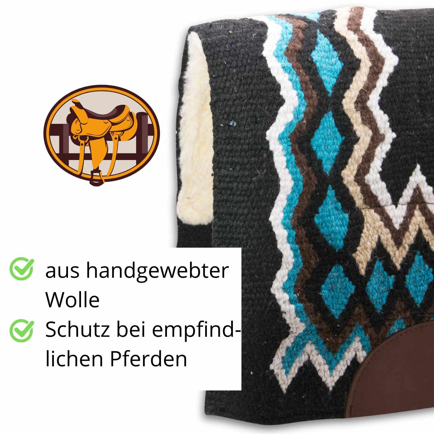 Ausschnitt eines Westernpads. Handgewebte Wolle, Schutz für empfindliche Pferde. Logo mit Sattel.