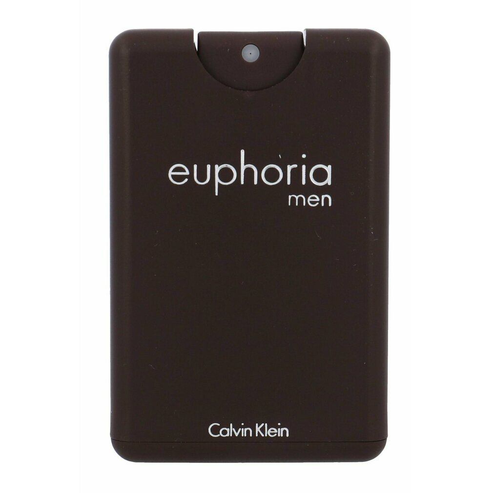 Braune, rechteckige Sprühflasche mit weißem "euphoria men"-Schriftzug und "Calvin Klein"-Logo.