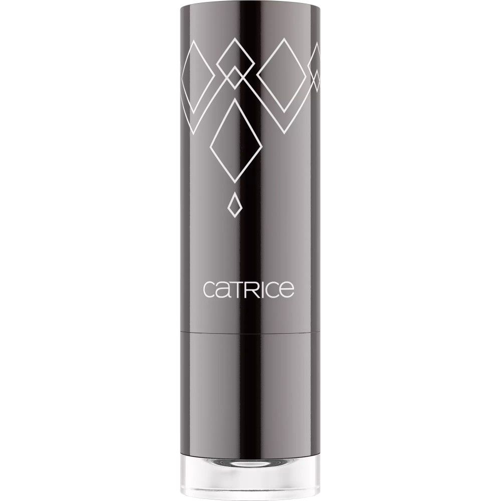 Silberfarbener Lippenstift mit schwarzem Stift. Der Deckel ist aufgesetzt und zeigt ein geometrisches Muster. Marke: Catrice.