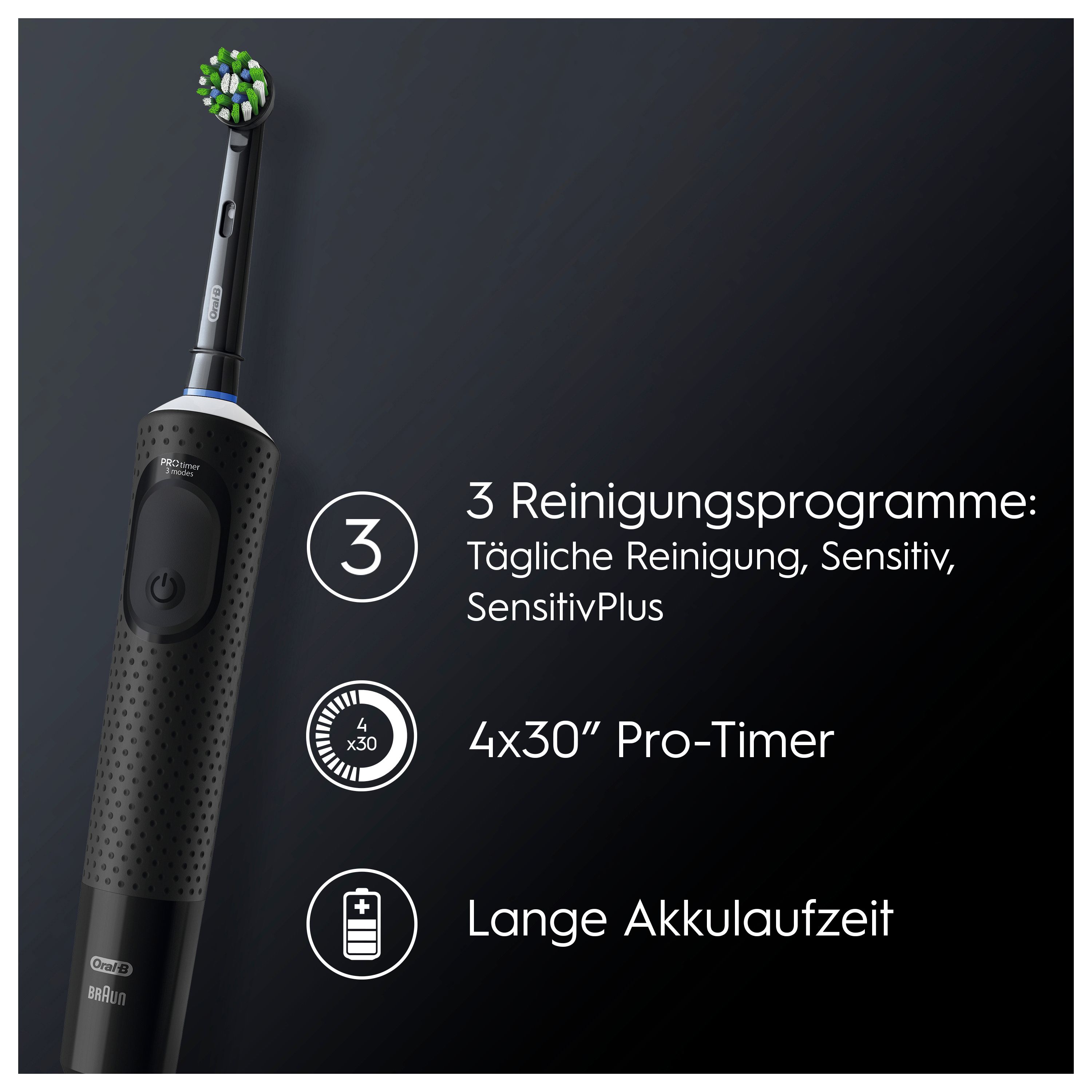 Schwarze elektrische Zahnbürste mit Text: 3 Reinigungsprogramme, 4x30" Pro-Timer, lange Akkulaufzeit. Marke: Oral-B.