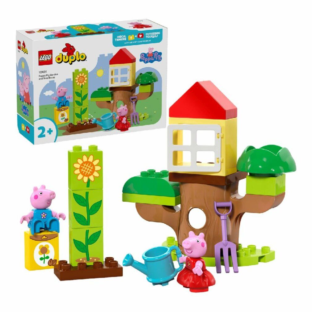 LEGO Duplo Set. Enthält Peppa Pig Figuren, Baumhaus, Blumen, Gießkanne und Zubehör. Verpackung mit Produktbild.