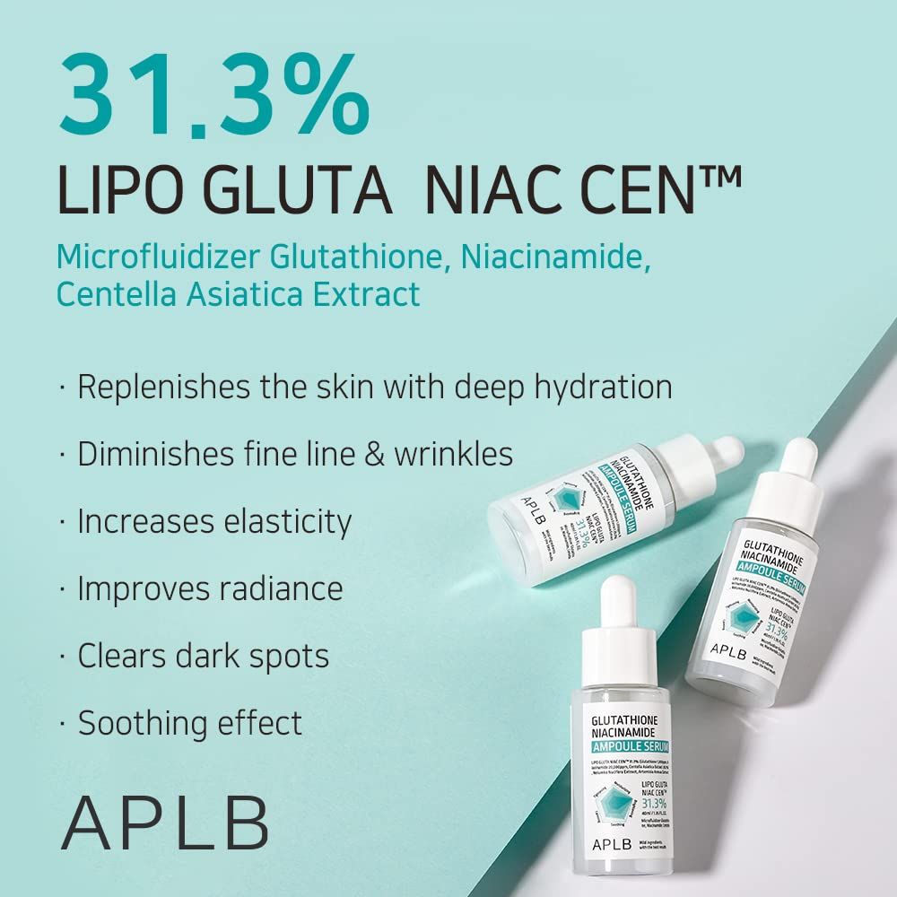 Drei Serumflaschen mit Pipetten. Text: 31,3% Lipo Gluta Niac Cen. Vorteile: Hauterneuerung, weniger Falten, Elastizität.