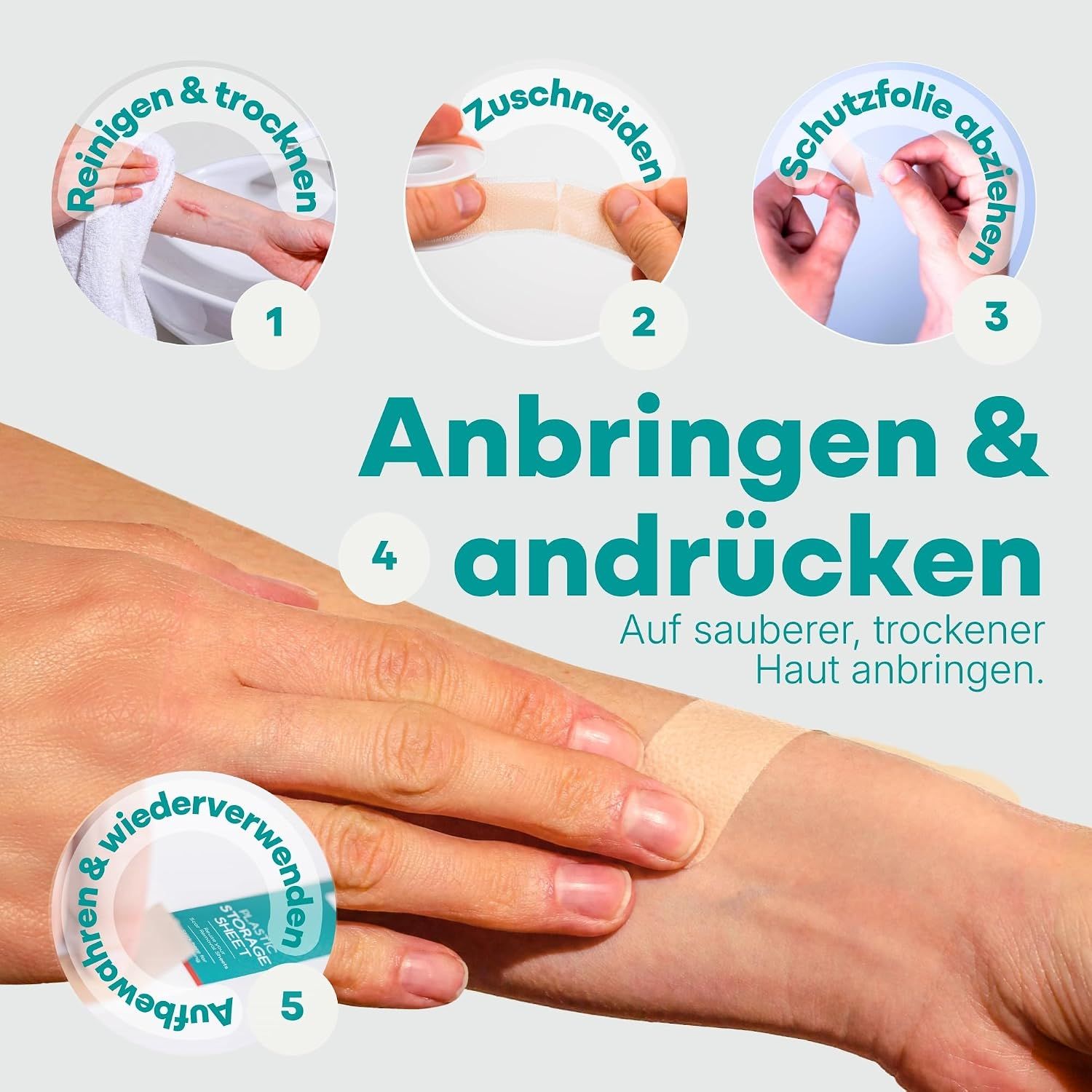 Schritt-für-Schritt-Anleitung zur Anwendung eines Silikonpflasters: Reinigen, Zuschneiden, Schutzfolie abziehen, Anbringen, Andrücken.