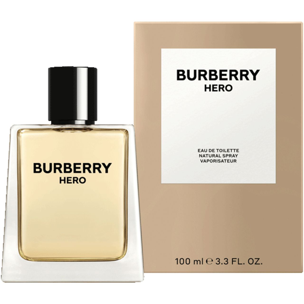 Burberry Hero E.d.T. Nat. Spray und Verpackung. Flakon und Karton. Aufschrift: BURBERRY HERO. Text: Eau de Toilette, Natural Spray, Vaporisateur.