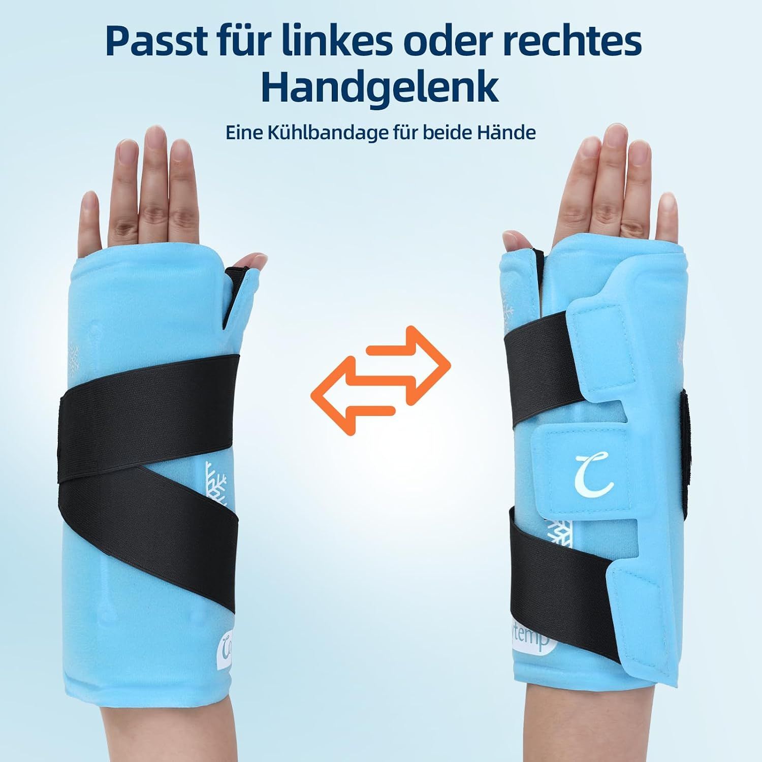 Anleitung zur Anwendung einer blauen Handgelenk-Kühlbandage.