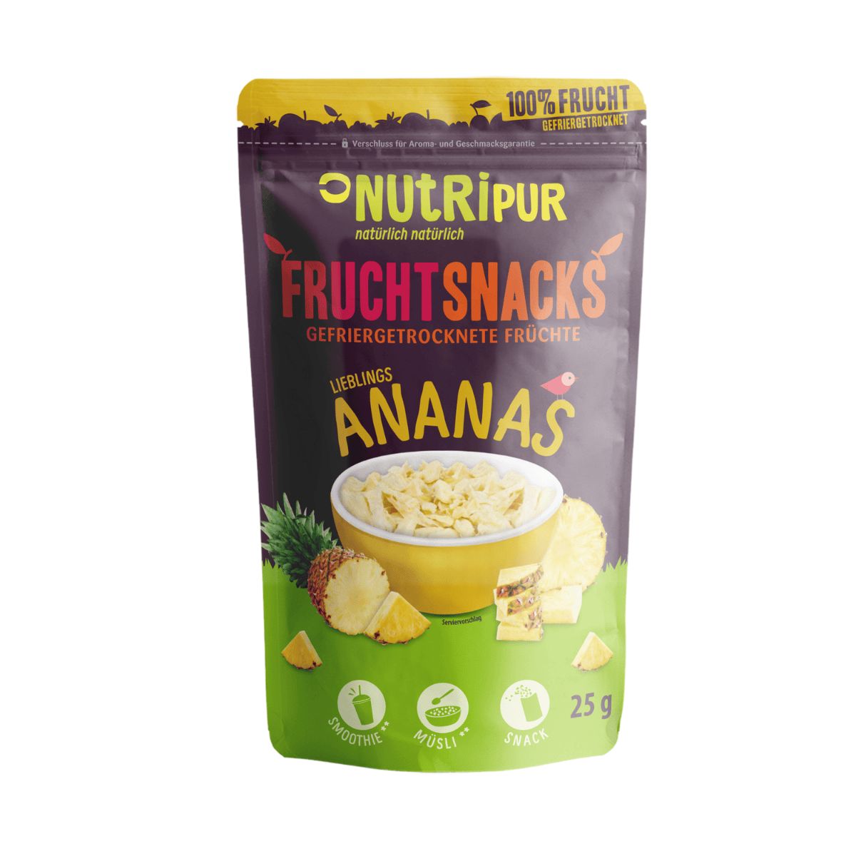 Beutel mit gefriergetrockneten Ananas-Bits. Aufschrift: NutriPur, Fruchsnacks, Ananas. 25g. Abbildung von Ananas und Ananas-Stücken.