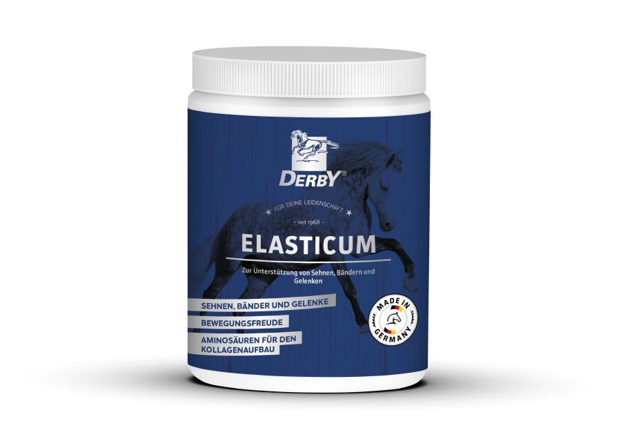 Blaue Dose mit weißem Deckel. Aufschrift: Derby Elasticum. Enthält Aminosäuren für den Kollagenaufbau. Mit Siegel "Made in Germany".