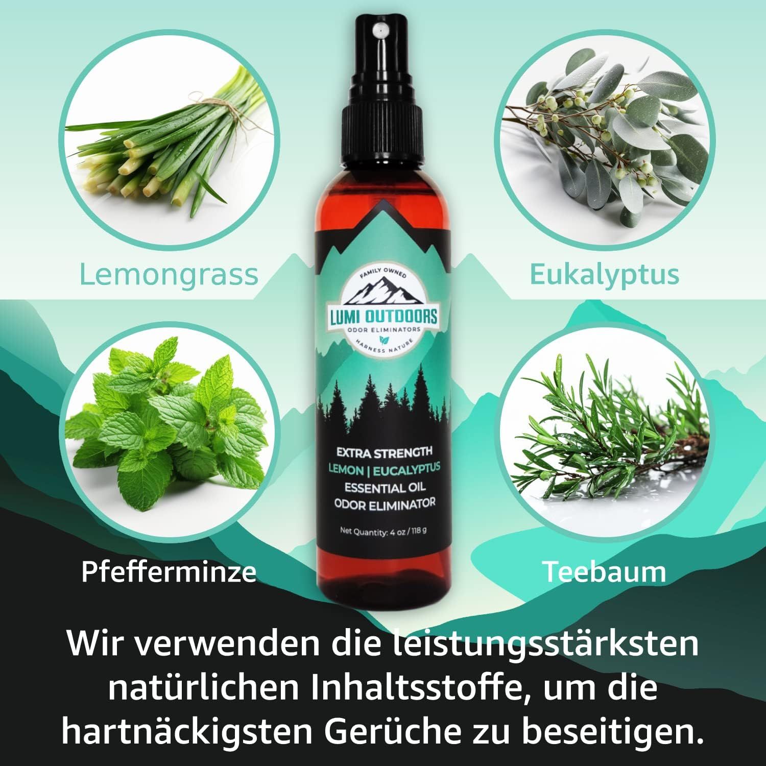 Produktflasche umgeben von Kräutern und Pflanzen. Text: Extra Strength Lemon/Eucalyptus Essential Oil Odor Eliminator.