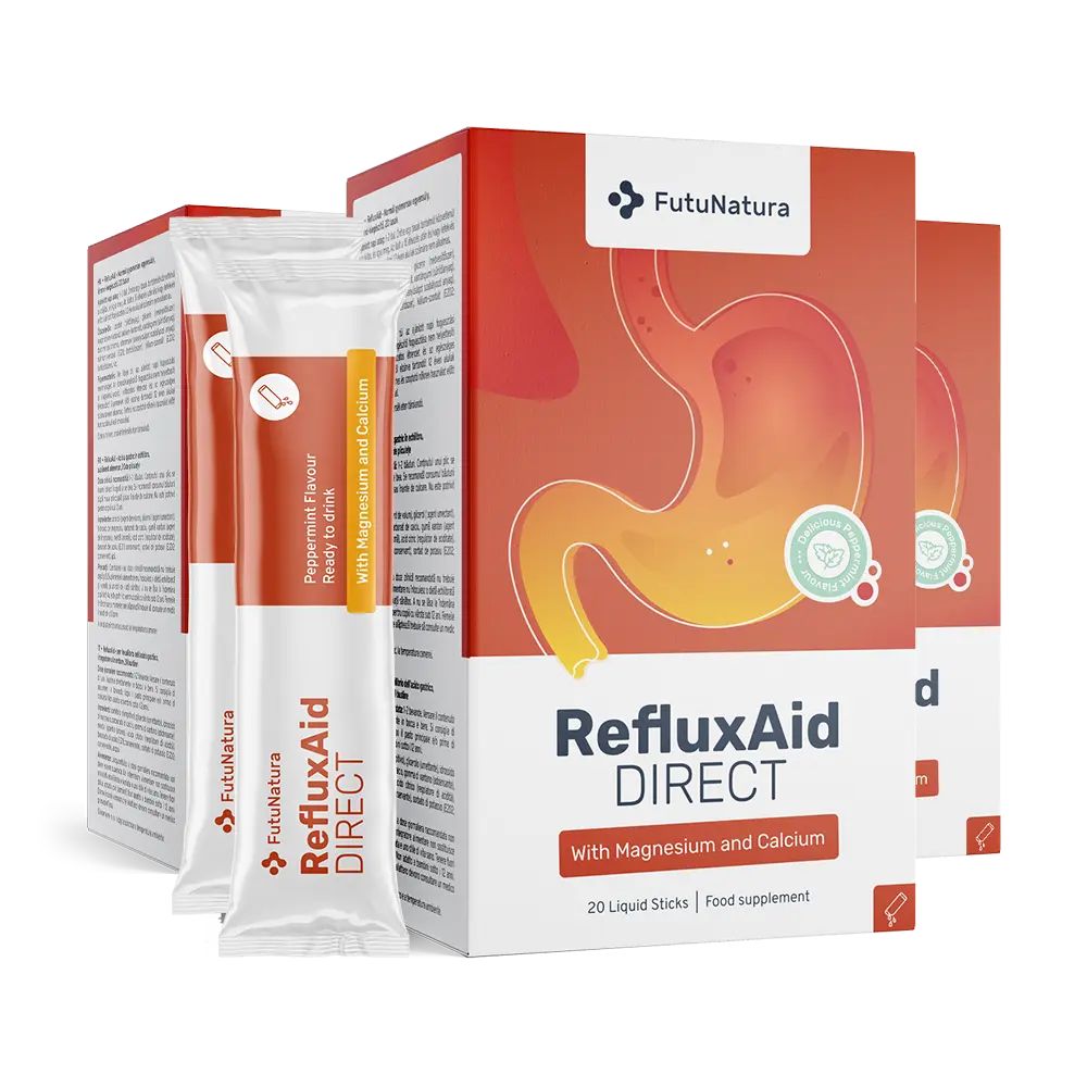 Verpackung mit Produktbeuteln. Aufschrift: RefluxAid DIRECT, mit Magnesium und Calcium. FutuNatura Logo. 20 Liquid Sticks.