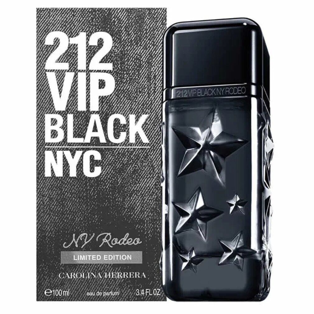 Schwarzer Flakon mit Sternenrelief und Verpackung. Aufschrift: 212 VIP BLACK NYC NY Rodeo Limited Edition.