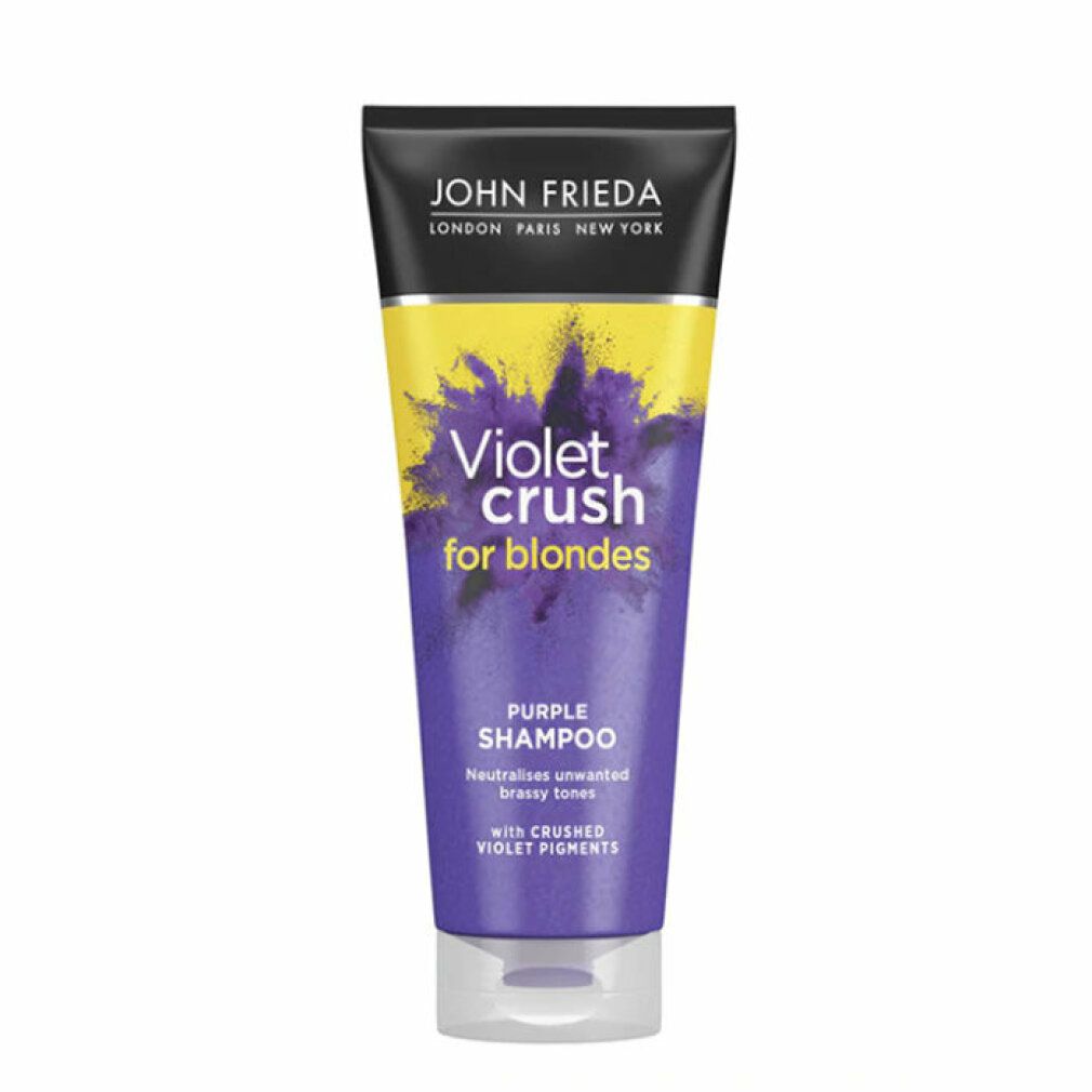 Violett-Shampoo-Tube. Schwarzer Deckel, gelber Hintergrund. Schriftzug: Violet Crush for blondes, Purple Shampoo.